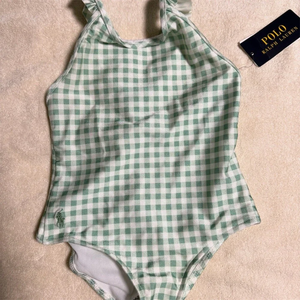 Polo Ralph Lauren Girls One Piece Swimsuit Size 4 Green Gingham Ruffle